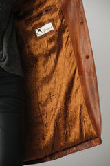 Moderne Damen Lederjacke knielang aus Lammnappa Braun Kastanie mit Gürtel