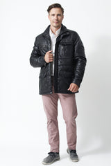Schwarze gesteppte Herren Lederjacke in Lammnappa wattiert mit viele Taschen