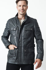 Lange Herren Lederjacke in Lammnappa anthrazit vintage Look viele Taschen