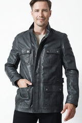 Lange Herren Lederjacke in Lammnappa anthrazit vintage Look viele Taschen
