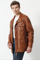 Lange Herren Lederjacke in Lammnappa cognac vintage Look viele Taschen
