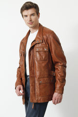Lange Herren Lederjacke in Lammnappa cognac vintage Look viele Taschen