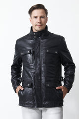 leichter dünner Herren Lederparka sportiv aus Lammnappa schwarz mit Stehkragen