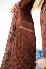 Damen Lederparka Lammnappa Braun Vintage Look mit Kapuze und Finnraccoonbesatz