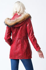 Damen Lederparka Lammnappa Rot Vintage Look mit Kapuze und Finnraccoonbesatz