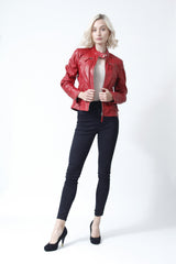 Rote kurze Damen Lederjacke im Bikerstyle Lammnappa, Leder Schmidt