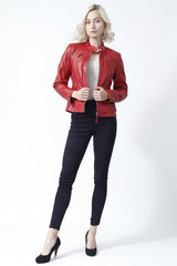 Rote kurze echte Damen Lederjacke im Bikerstyle Lammnappa, Leder Schmidt