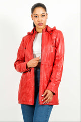 sportliche lange Damen Lederjacke in Lammnappa rot talliert mit Kapuze