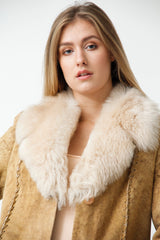 Damen Lammfelljacke aus spanischem Entrefinolamm Toskanalammfellkragen in Cognac Senf Jungleoptik