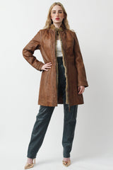 Damen Leder Kurzmantel aus Lammnappa in Braun antik mit Kaninfell