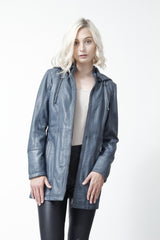 Leichte lange Damen Lederjacke mit Kapuze in Lammnappa Heaven Blau