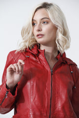 sportliche lange Damen Lederjacke in Lammnappa rot talliert mit Kapuze