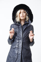 Damen Lederparka aus Lammnappa Blau vintage mit Kapuze und Blaufuchsstreifen