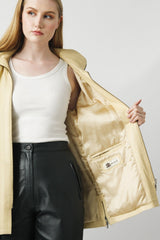 Lange sportliche Damen Lederjacke Lammnappa in Vanille gelb mit Kapuze