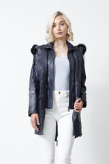 Damen Lederparka aus Lammnappa Blau vintage mit Kapuze und Blaufuchsstreifen