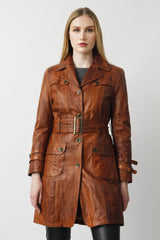 softig weicher Damen Leder Gehrock aus Lammnappa in Kastanie mit Gürtel