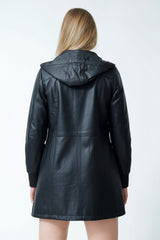 echte lange Sportliche Damen Lederjacke aus Lammnappa in schwarz mit Kapuze