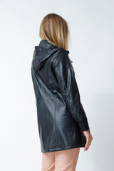 Sportliche Damen Lederjacke lang aus Lammnappa mit abnehmbarer Kapuze