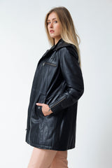 lange schwarze Damen-Lederjacke mit abnehmbarer Kapuze und Reißverschluss