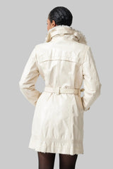 lange Damen Lederjacke Lammnappa mit Pelzfütterung und Gürtel