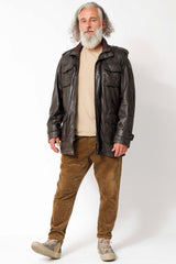 Langer Herren Lederparka aus Lammnappa in Braun und vielen Taschen