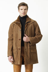 Herren Lammfelljacke mit doppelkragen in Pelzvelour Toupe mit Reißverschluss hochschließbar