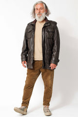 Langer Herren Lederparka aus Lammnappa in Braun und vielen Taschen