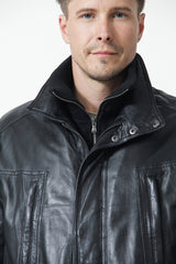 Herren Leder Parka mit doppelkragen in Lammnappa schwarz wattiert