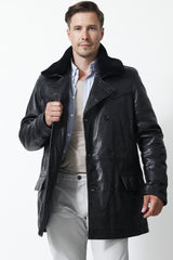 Wattierte Herren Übergangsjacke mit Lammfellkragen in schwarz Lammnappa