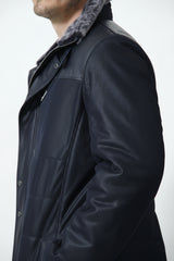 Exklusive Herren Long Lederjacke mit Lammfellkragen abtrennbar in Lammnappa Blau