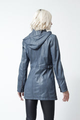 Leichte lange Damen Lederjacke mit Kapuze in Lammnappa Heaven Blau