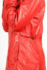 sportliche lange Damen Lederjacke in Lammnappa rot talliert mit Kapuze