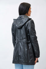 Leichte lange Damen Lederjacke mit Kapuze in echtem Lammnappa schwarz