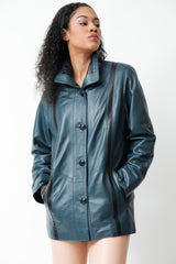 Sehr leichte lange Damen Lederjacke aus echtem Lammnappa in Althema schwarz abgesetzt