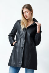 Damen Lederswinger aus Lammnappa schwarz zum knöpfen mit Kapuze abnehmbar