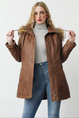 Warmer Damen Lederparka in Lammnappa braun mit Kapuze und Fellrand