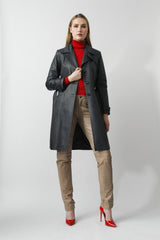 längerer Damen Leder Geh-Rock aus Lammnappa in Graphit mit Gürtel