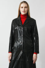 Langer Damen Ledermantel in Ziegenvelour geprägt mit Folie in Petrol