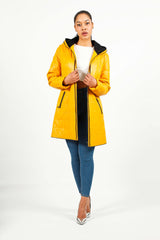 Gesteppter Damen Lederparka aus Lammnappa in Gelb/schwarz mit Kapuze