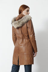 Damen Lederparka Lammnappa cognac mit abnehmbarer Kapuze und echten rotfuchsbesatz