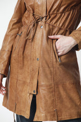 Damen Lederparka Lammnappa cognac mit abnehmbarer Kapuze und echten rotfuchsbesatz