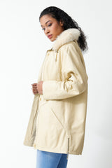 Wattierter Leder Damen Parka mit Kapuze, Lammnappa Vanille und Blaufuchs