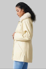 Wattierter Leder Damen Parka mit Kapuze, Lammnappa Vanille und Blaufuchs