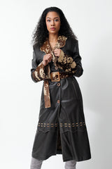 Extravaganter Damen Ledermantel aus Lammnappa in Braun mit Gürtel