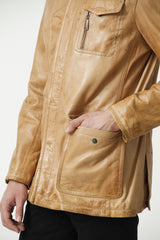Helle leichte Herren Lederjacke in Parka style Lammnappa Cognac