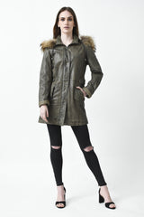 Langer Damen Lederparka Lammnappa Khaki vintage mit Finnraccoon Kapuze