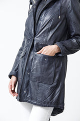 Damen Lederparka aus Lammnappa Blau vintage mit Kapuze und Blaufuchsstreifen