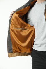 Herren Lederblouson aus Lammnappa in Cognac mit Stehkragen und Farbkontrast