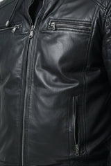 Coole Herren Biker Lederjacke schwarz Lammnappa mit Kapuze und Steppnähte