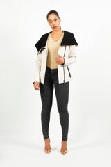 Damen kurz in Lammnappa mit Baumwollkapuze in beige schwarz tailliert